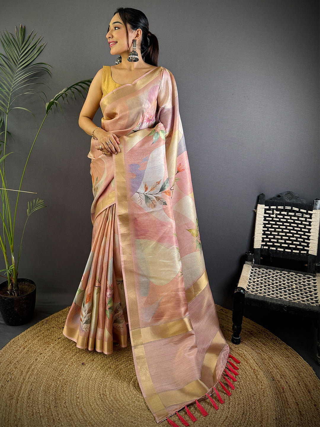 Radiant Pink Soft Silk Tissue Printed Saree by My Store