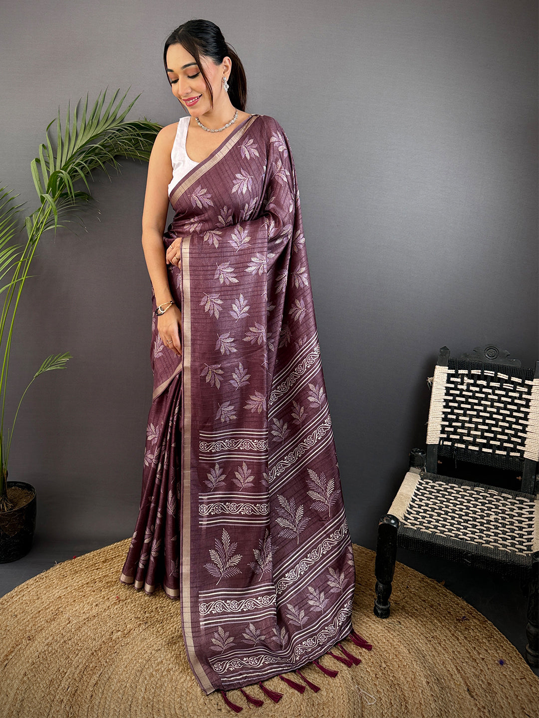 Dark Wine Leaf Print Ghicha Handloom Saree by My Store