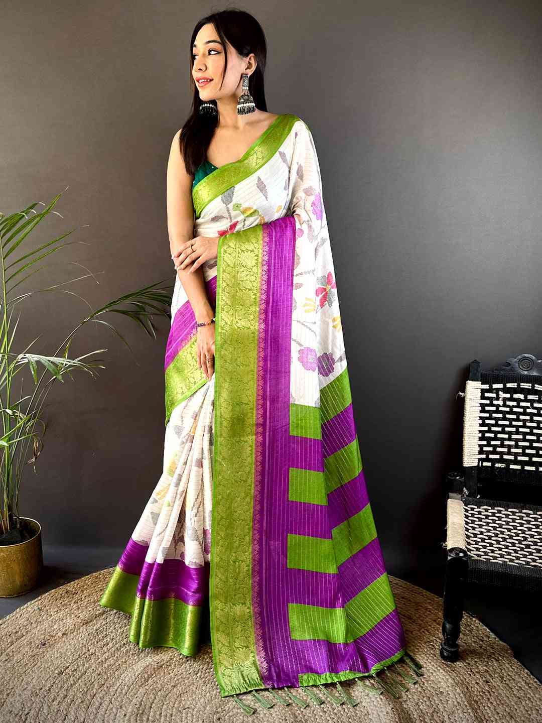 Green Dola Silk Bird Print Saree by My Store