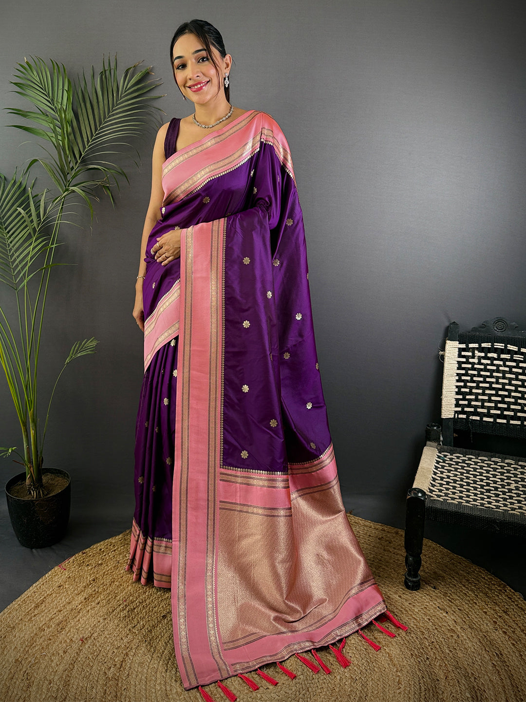 Vibrant Wine Soft Silk Floral Butta Saree