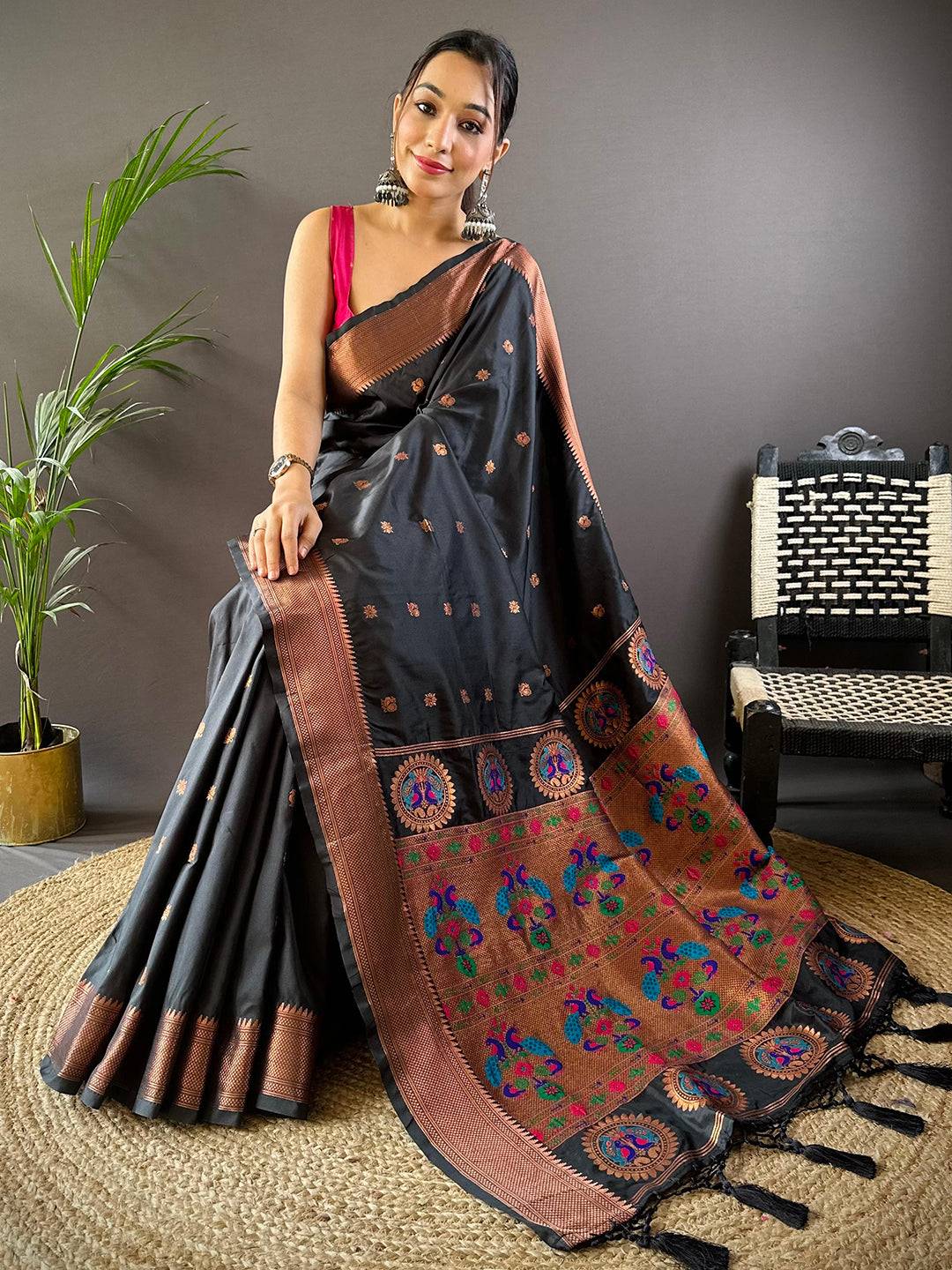 Raven Black Copper Elegance Soft Silk Saree by My Store