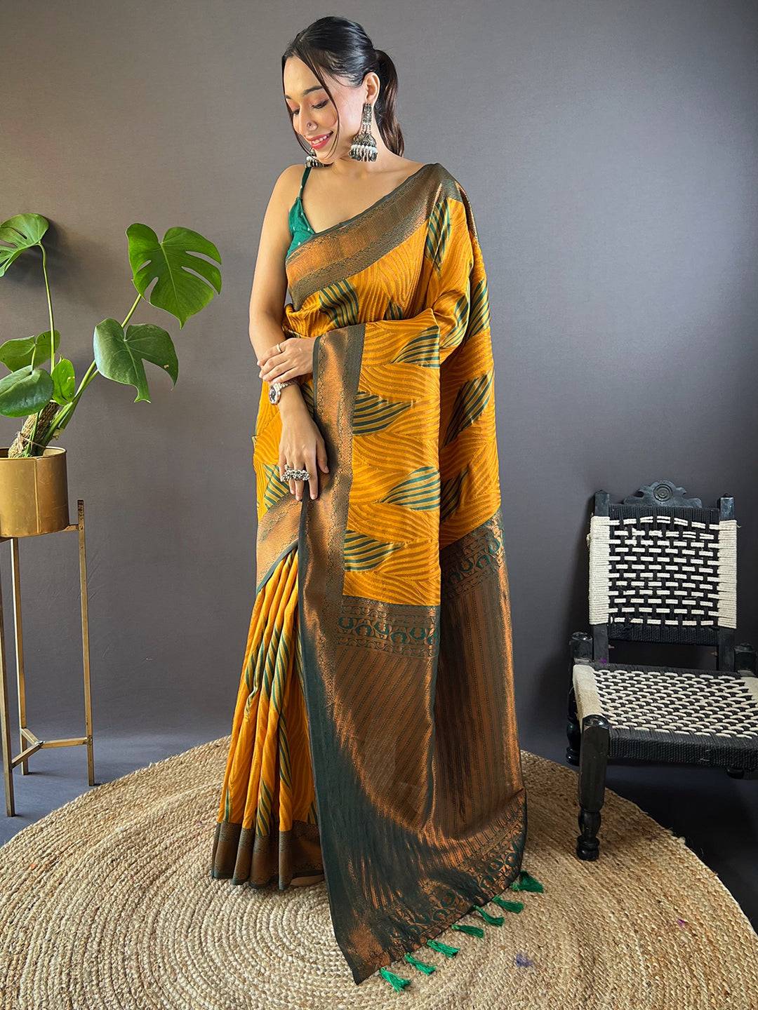 Mustard Tussar Silk Zari Weaving Ikkat Saree by My Store