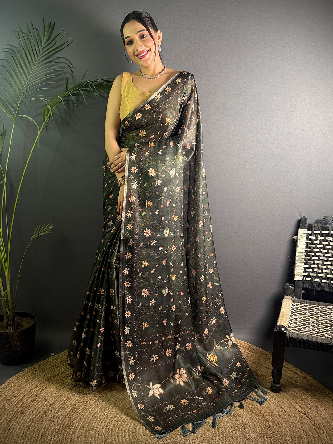 Olive Green Linen Juth Digital Print Saree by My Store
