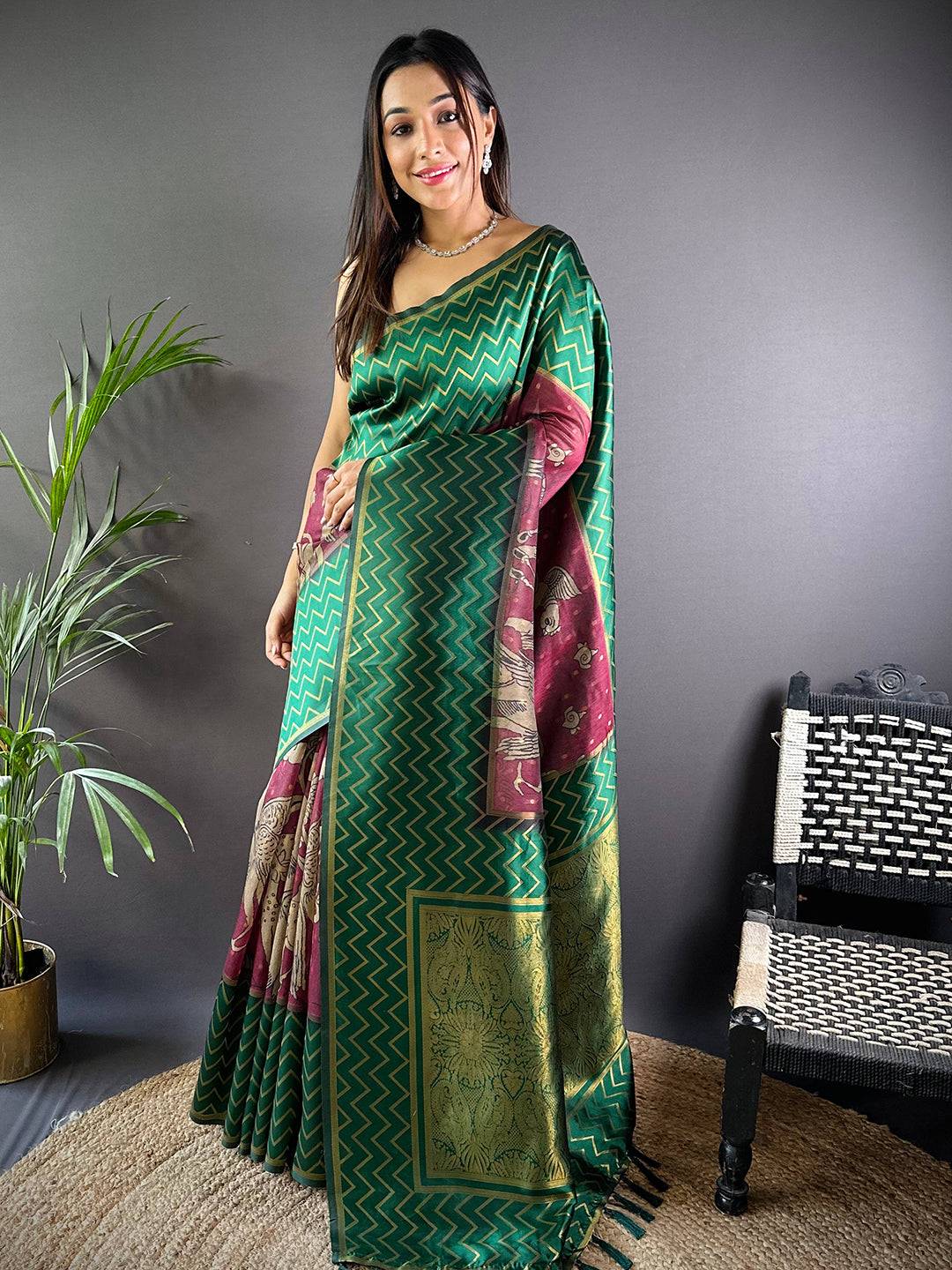 Green Heritage Weave Kalamkari Soft Silk Saree by My Store