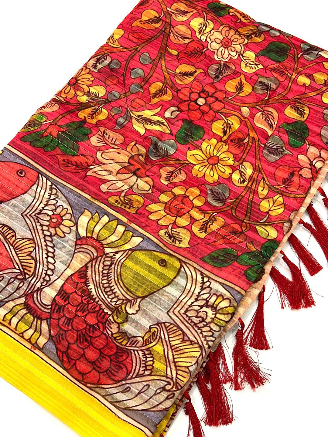 Rose Red Pen Kalamkari Linen Saree by My Store