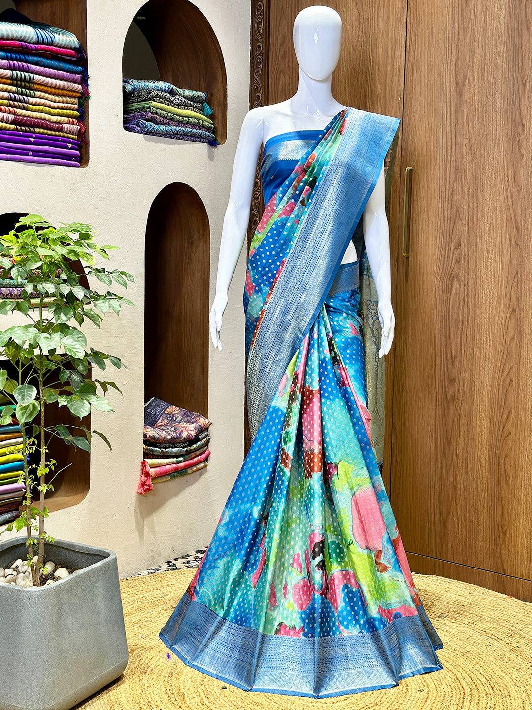 Dark Blue Banarasi Ombre Print Saree by My Store