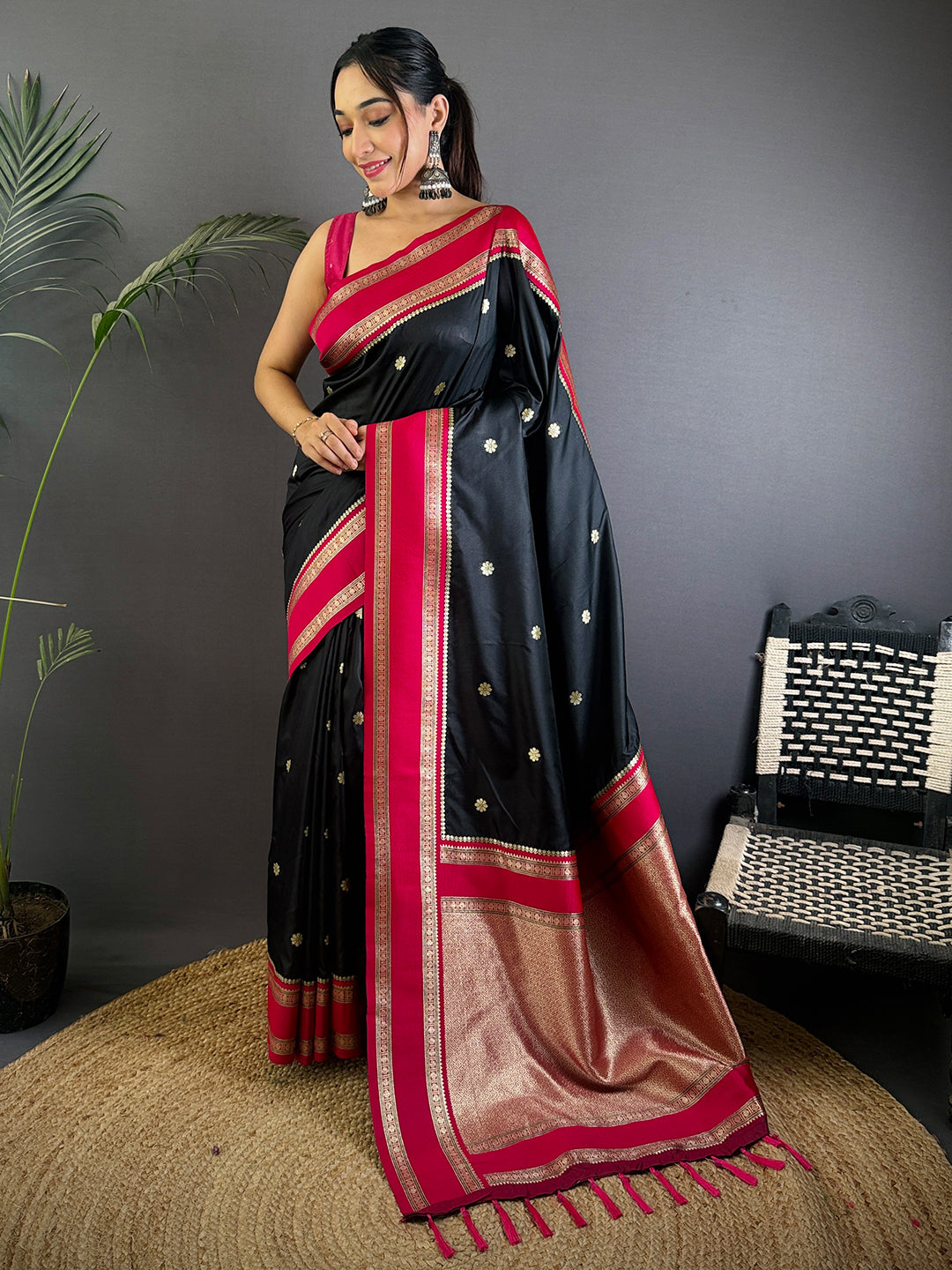 Raven Black Soft Silk Floral Butta Saree by My Store