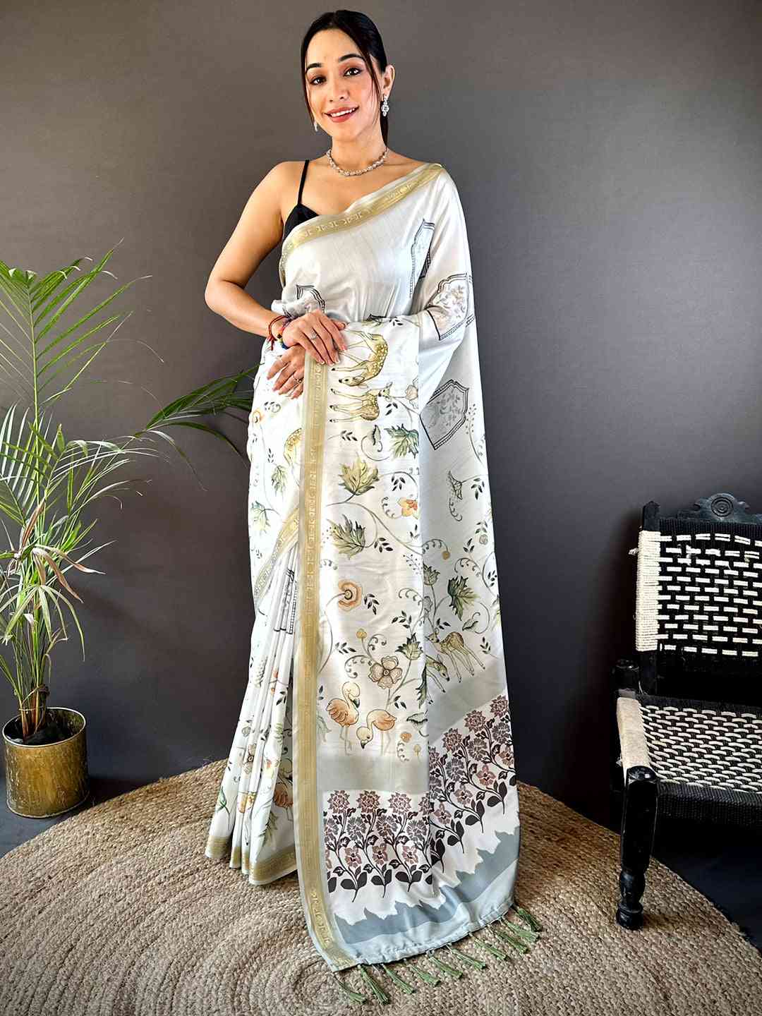 Green Forest Phulkari Kalamkari Print Saree by My Store