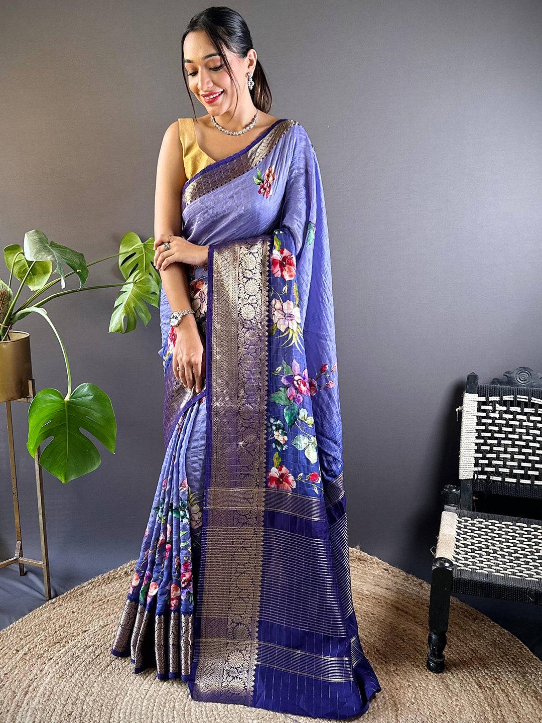 Iris Floral Zari Chex Saree by My Store