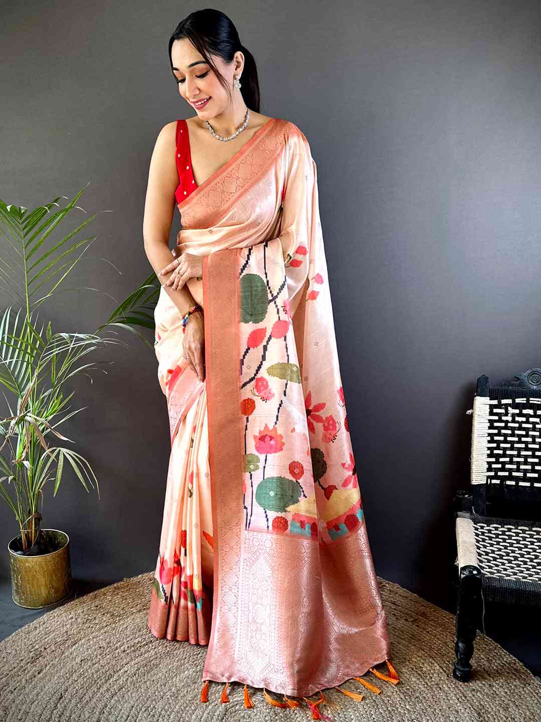 Peach Floral Gold Zari Slub Silk Saree by My Store