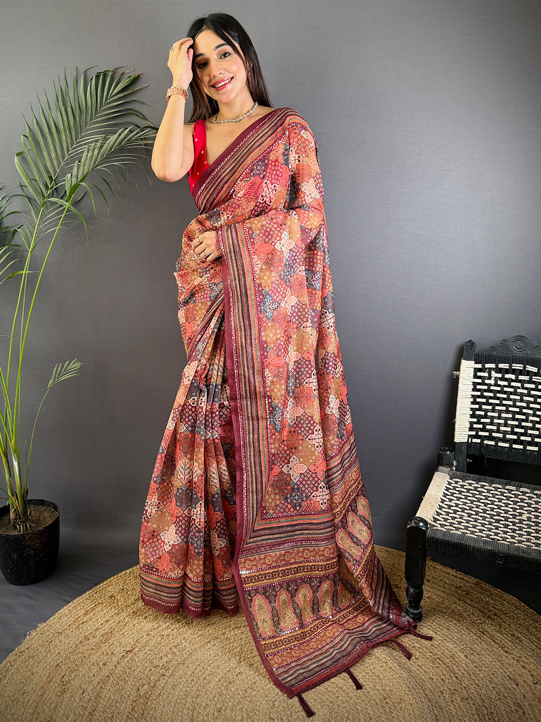 Rust Charm Mirror Work Silk Saree by My Store