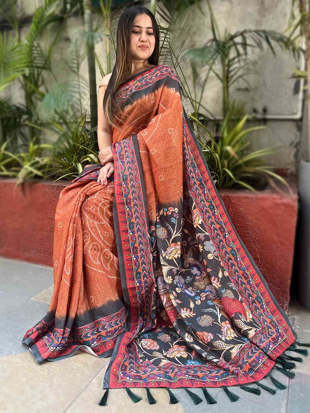 Orange Colour Design Linen Saree with Bandhej and kalamkari Digital Print by My Store
