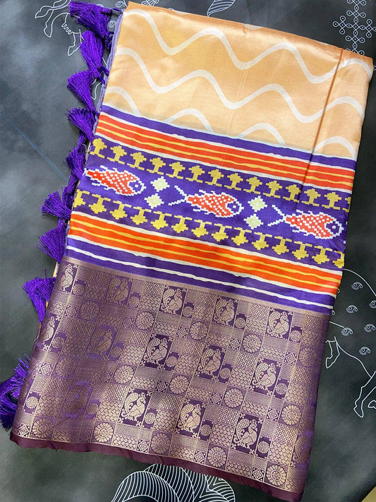 Peach Geometric Silk Saree by My Store