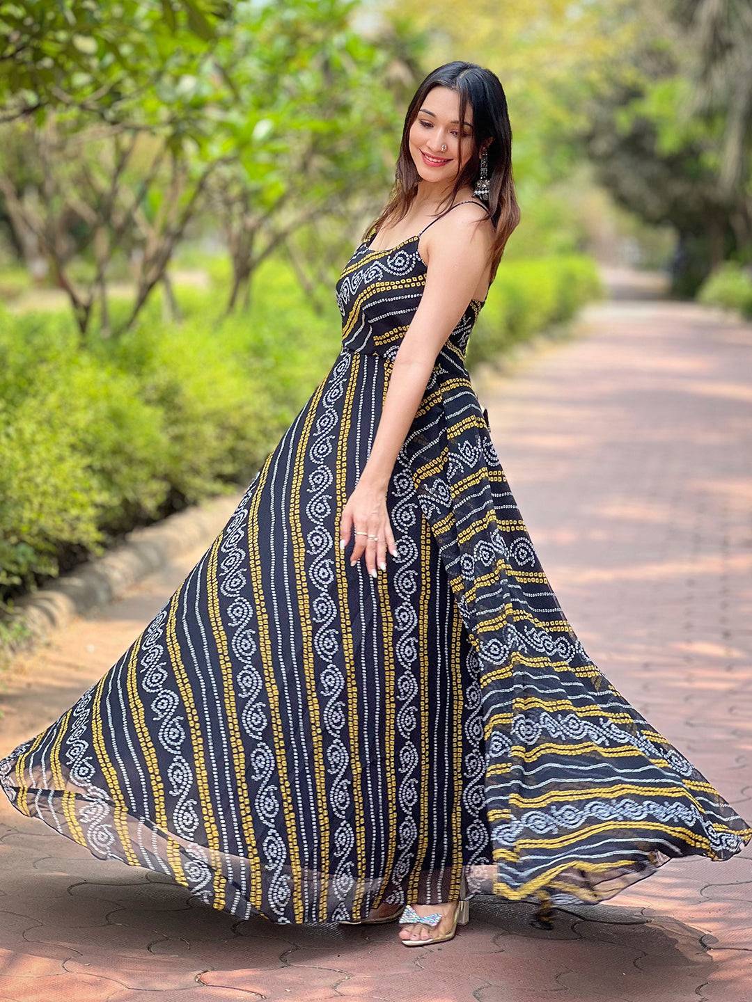 Raven Black Printed Bandhej Dress by My Store