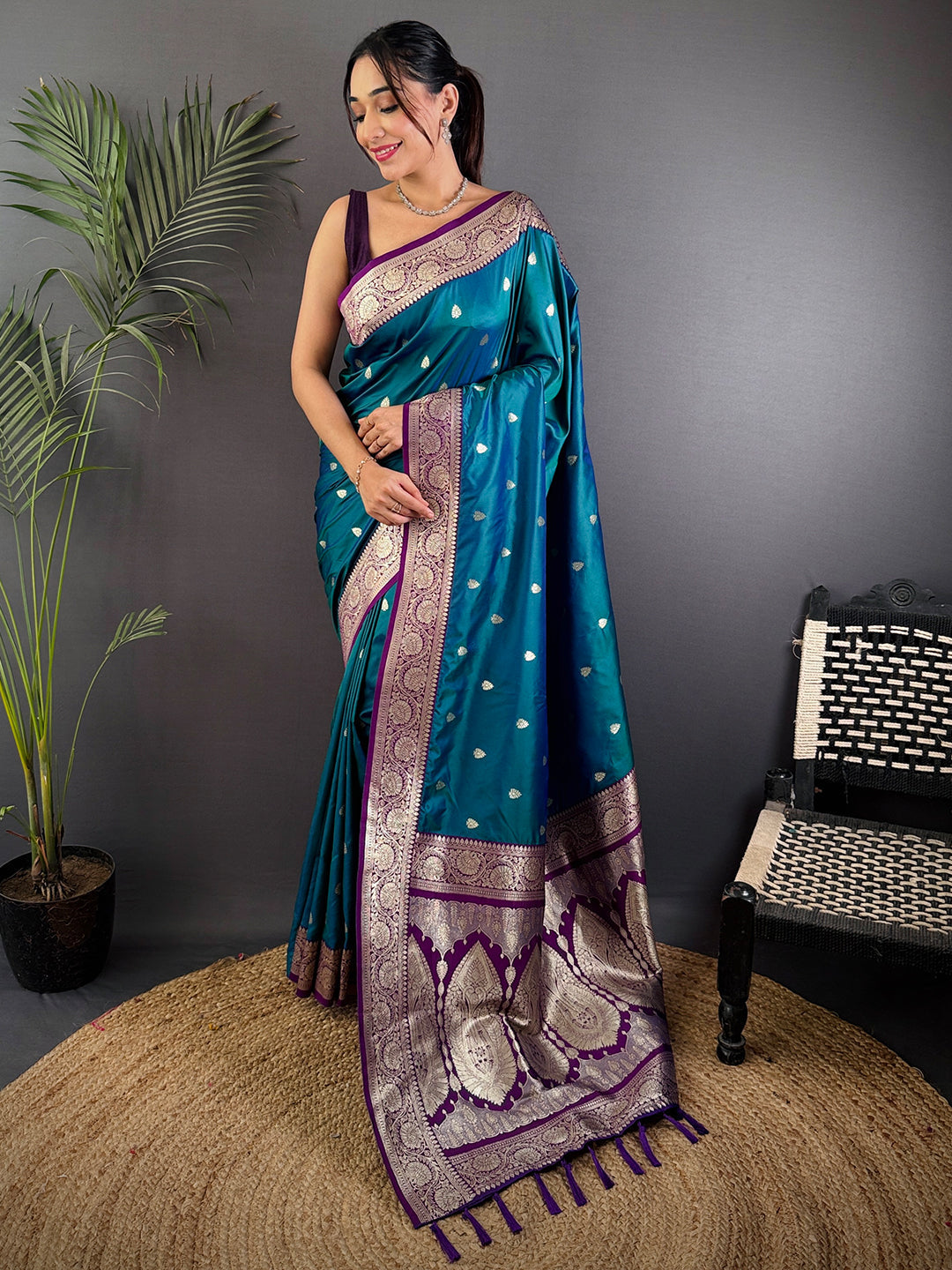 Teal Blue Soft Silk Feather Saree by My Store