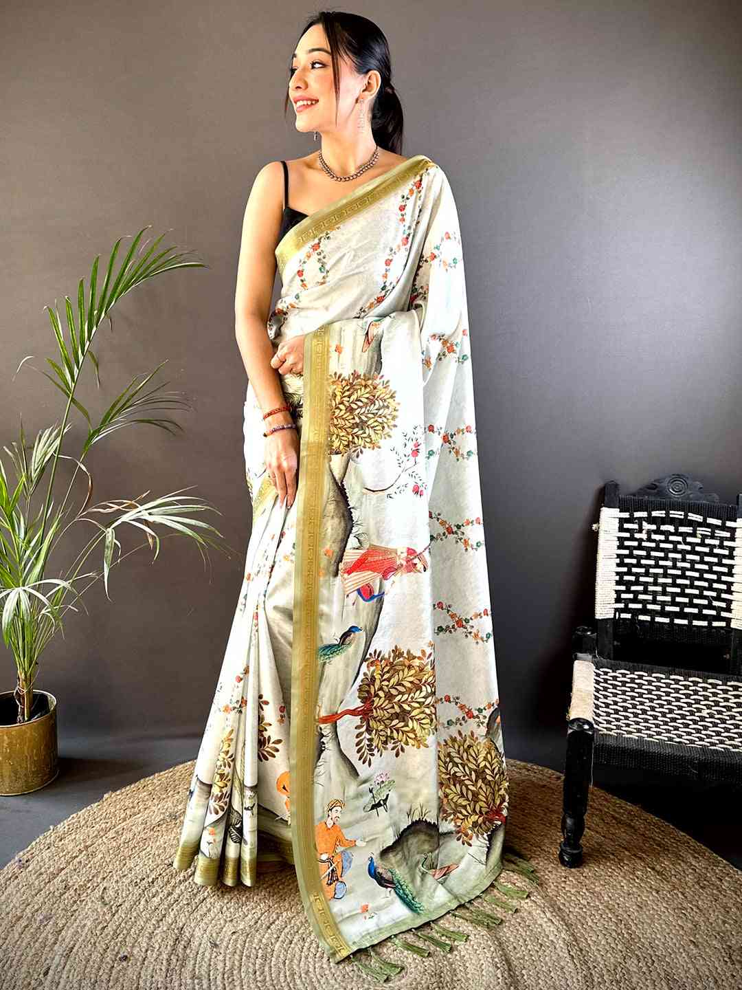 Green Soft Silk Bird Kalamkari Print Saree by My Store