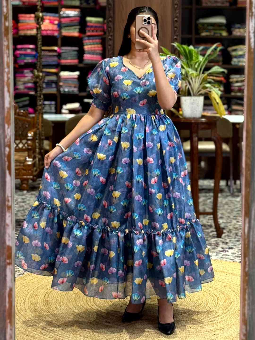 Denim Blue Floral Print Midi Dress by My Store