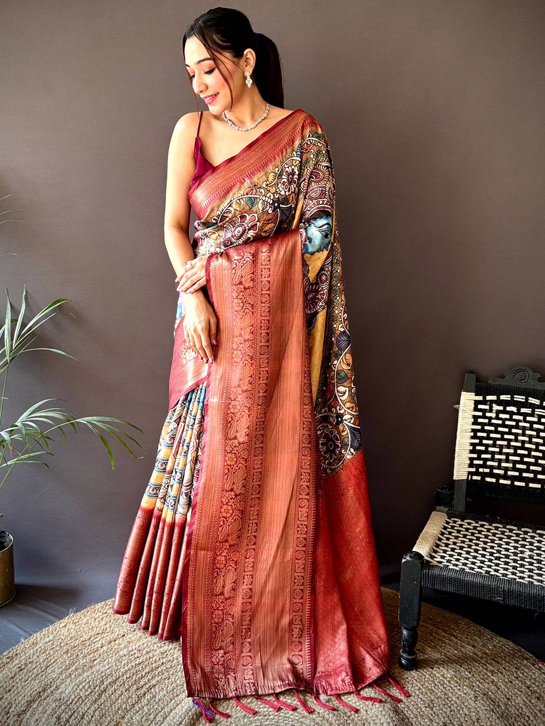 Buff Beige Soft Silk Saree With Pattu Zari Border by My Store