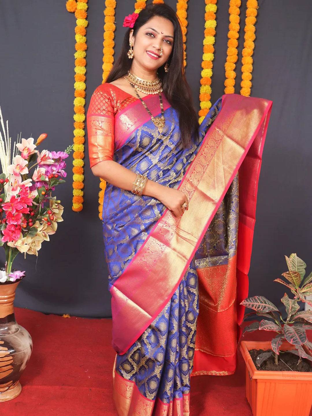 Royal Blue Banarasi Brocade Saree by My Store