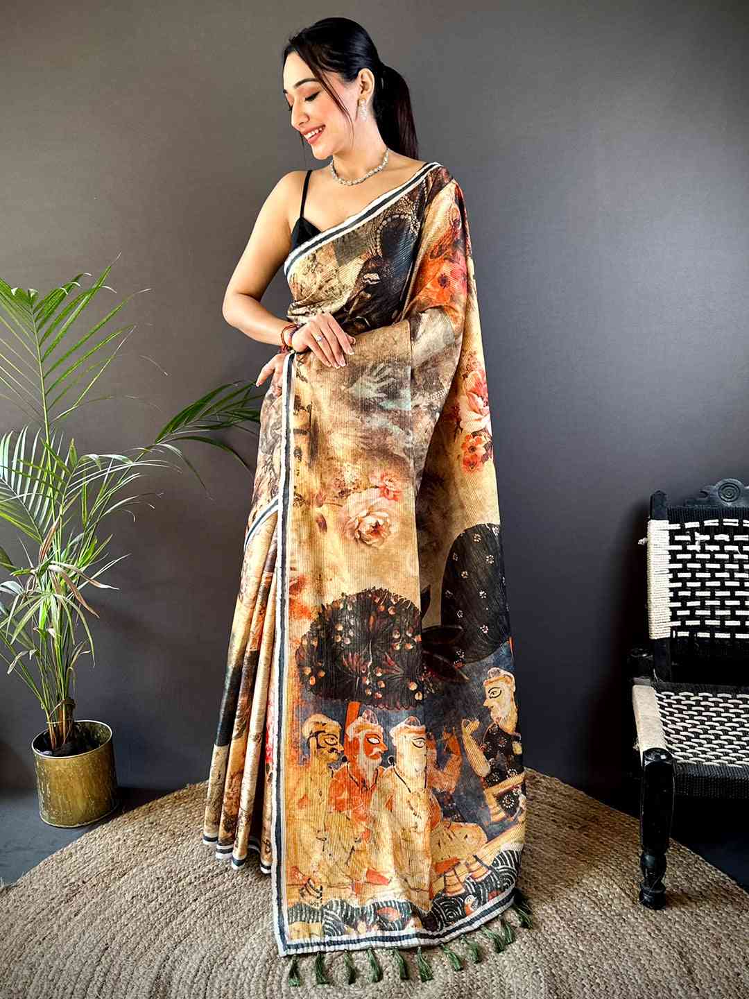 Orange Gold Zari Tussar Batik Print Saree by My Store