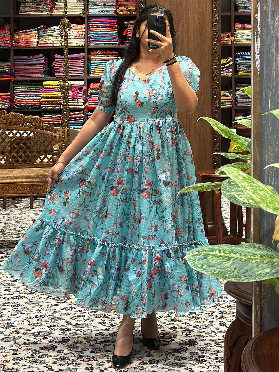 Powder Blue Floral Print Dress by My Store