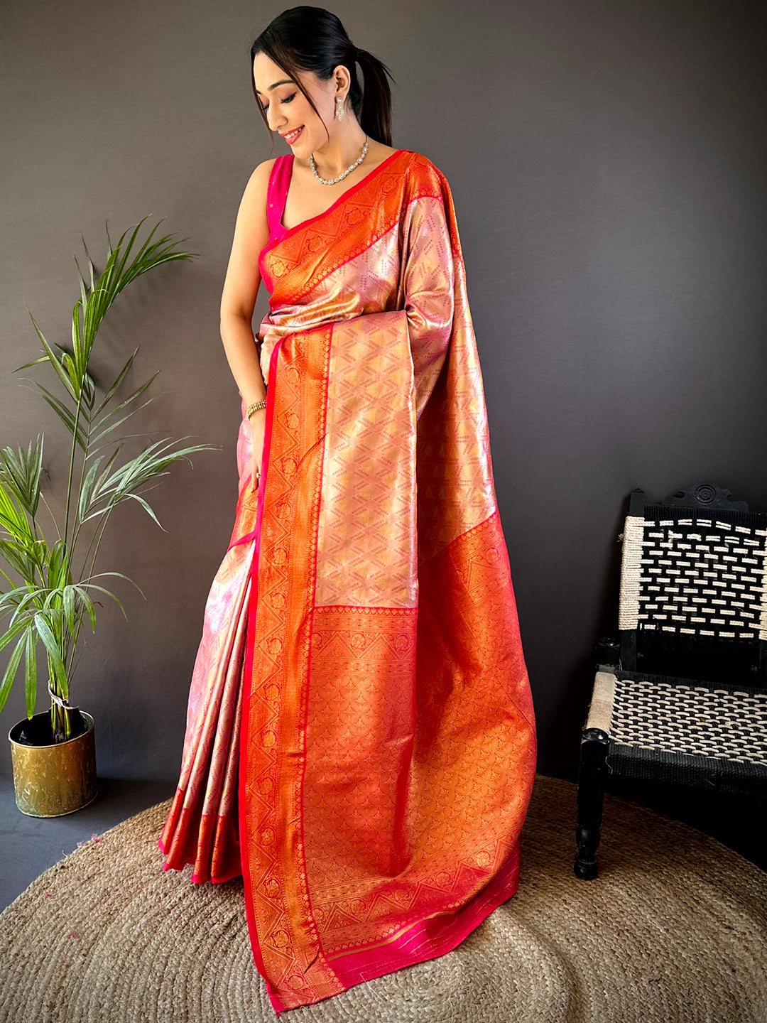 Pink Golden Geometrics With Floral Elegance Saree by My Store