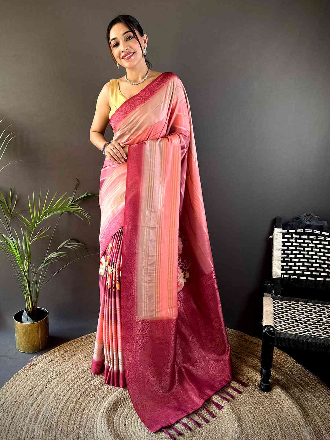 Coral Kalamkari Ombre Crepe Silk Saree by My Store