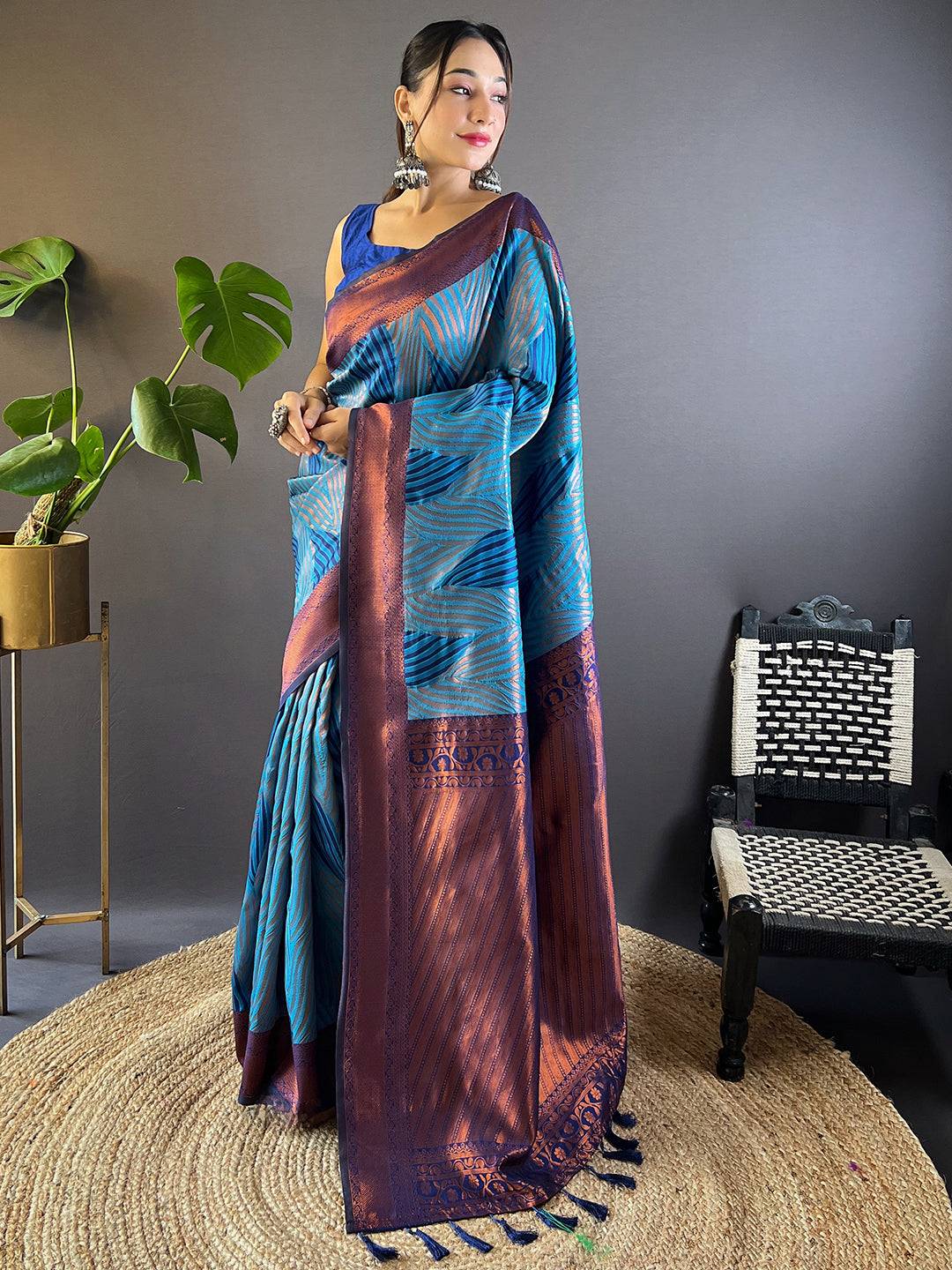 Royal Blue Tussar Silk Zari Weaving Ikkat Saree by My Store