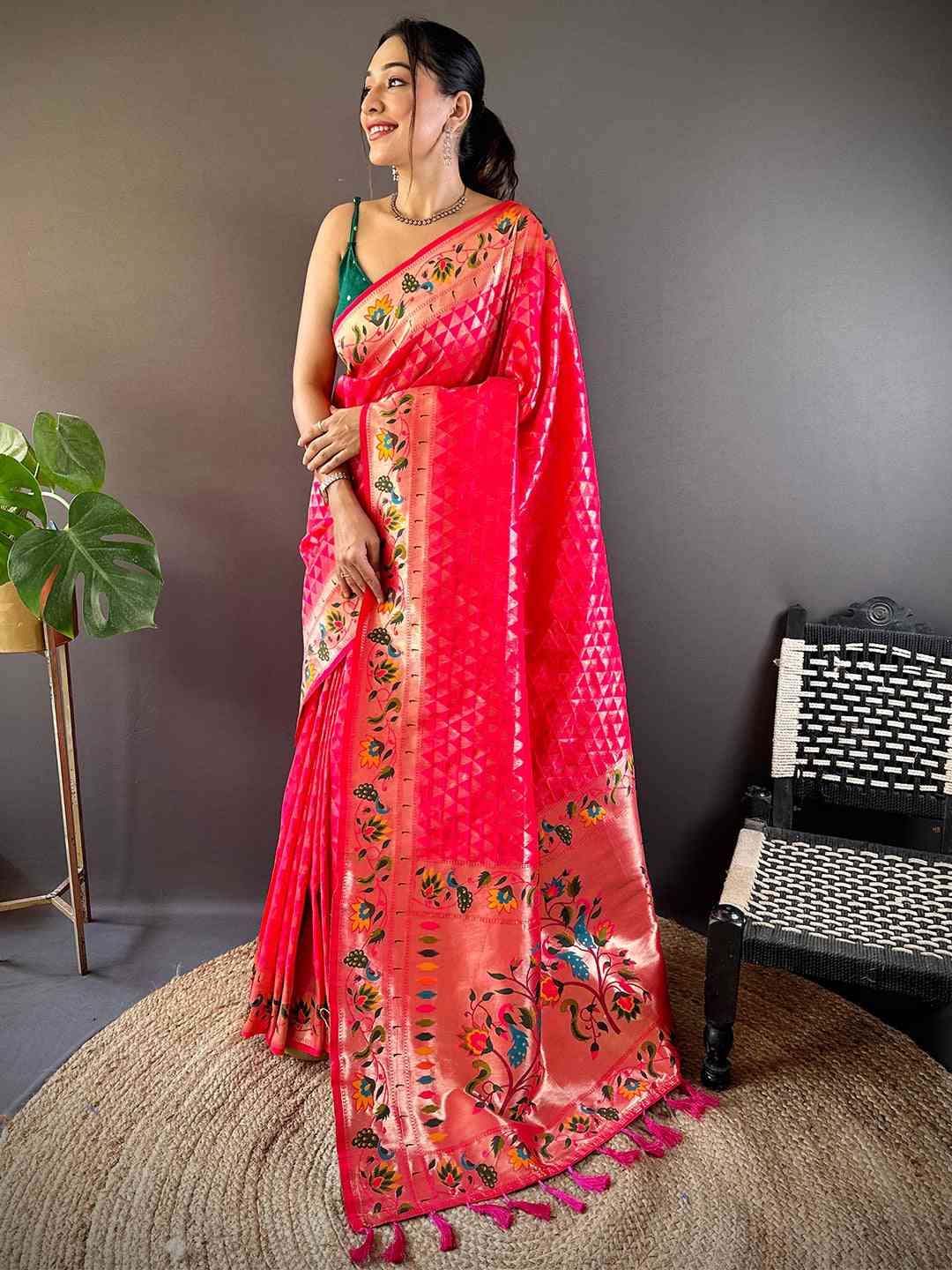 Pink Silk Blend Woven Zari Work Paithani Saree by My Store