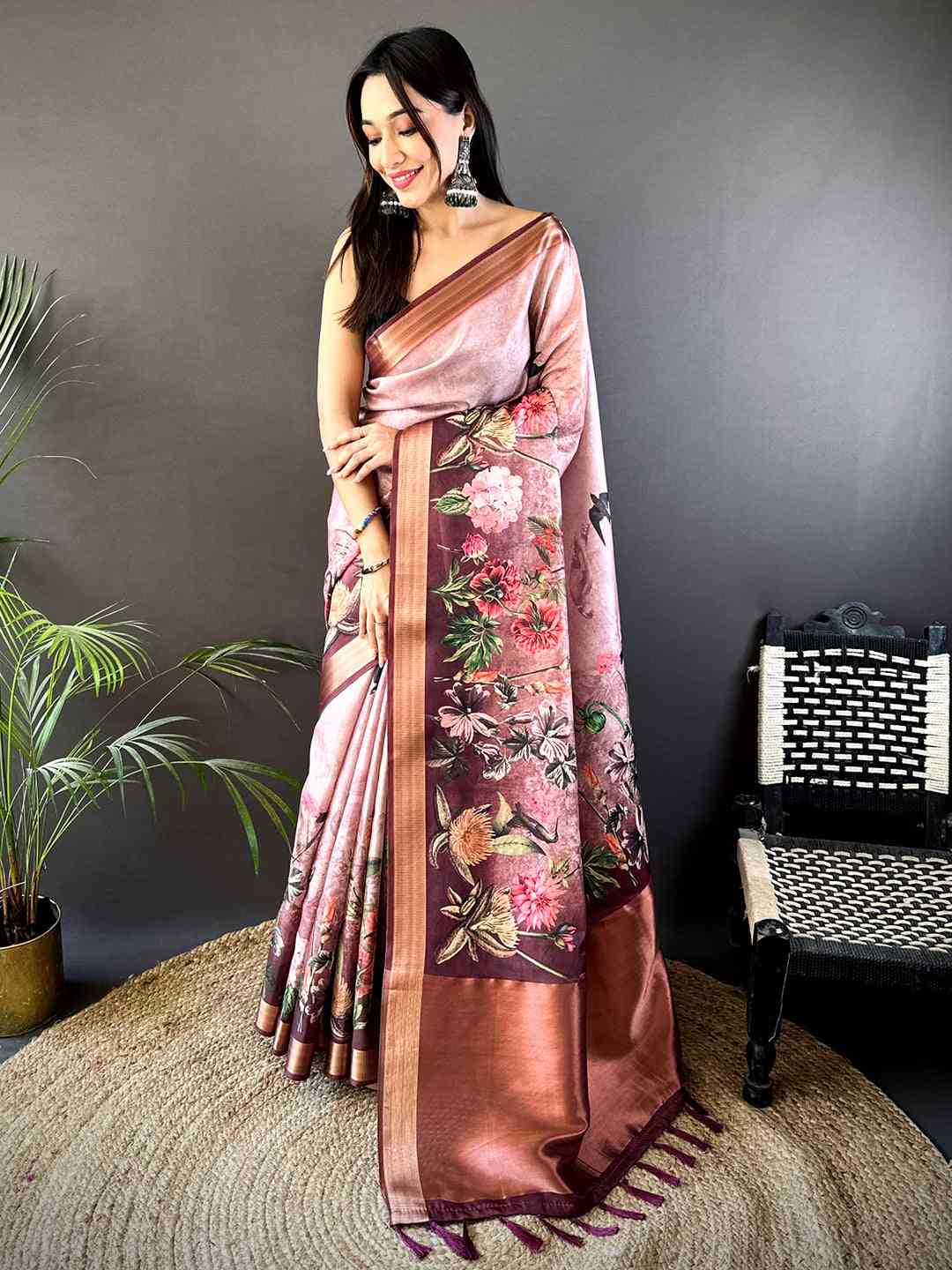 Rose Pink Floral Grace Soft Silk Tissue Saree by My Store