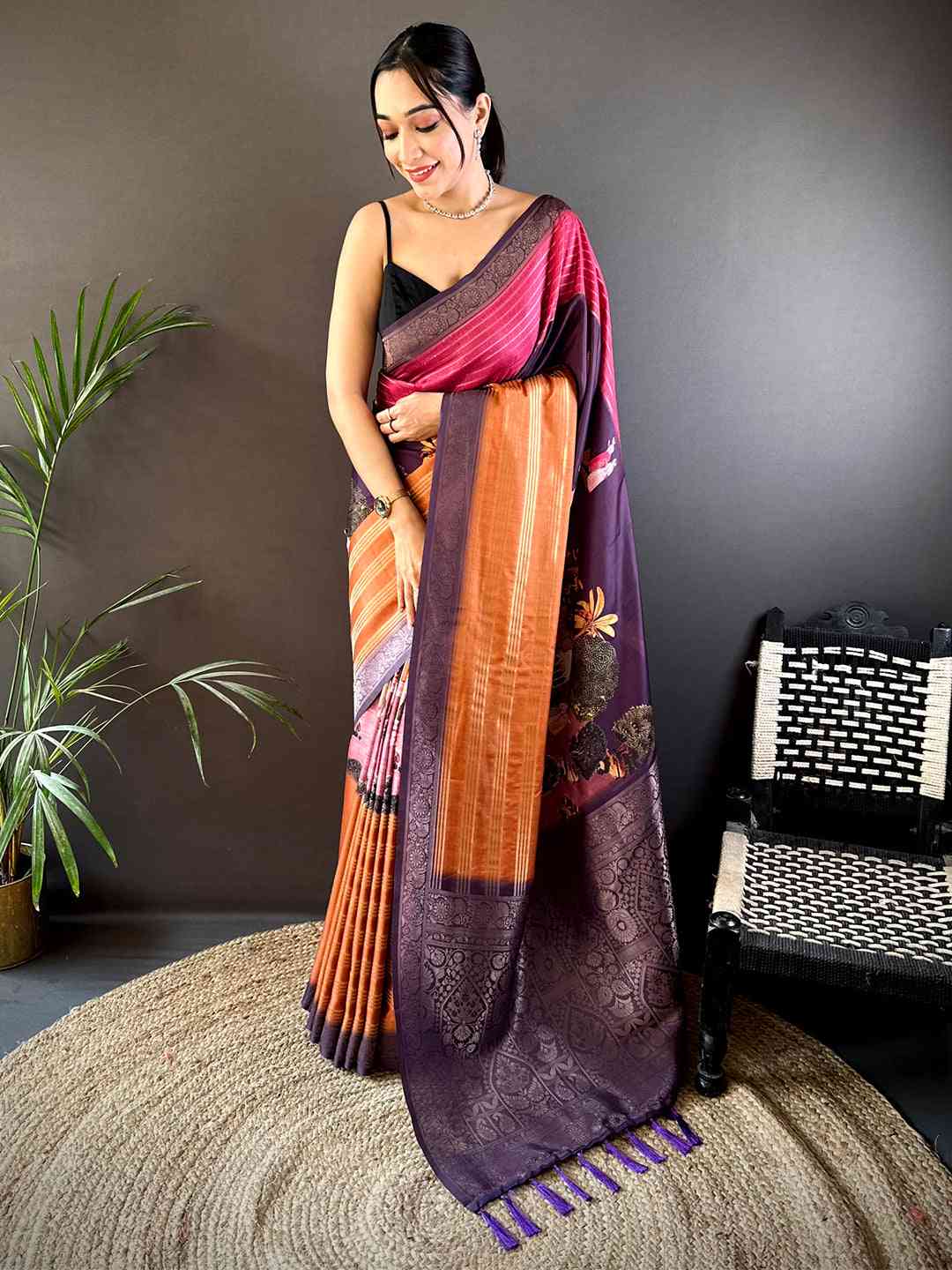 Dark Pink Soft Crepe Silk Digital Ombre Saree by My Store