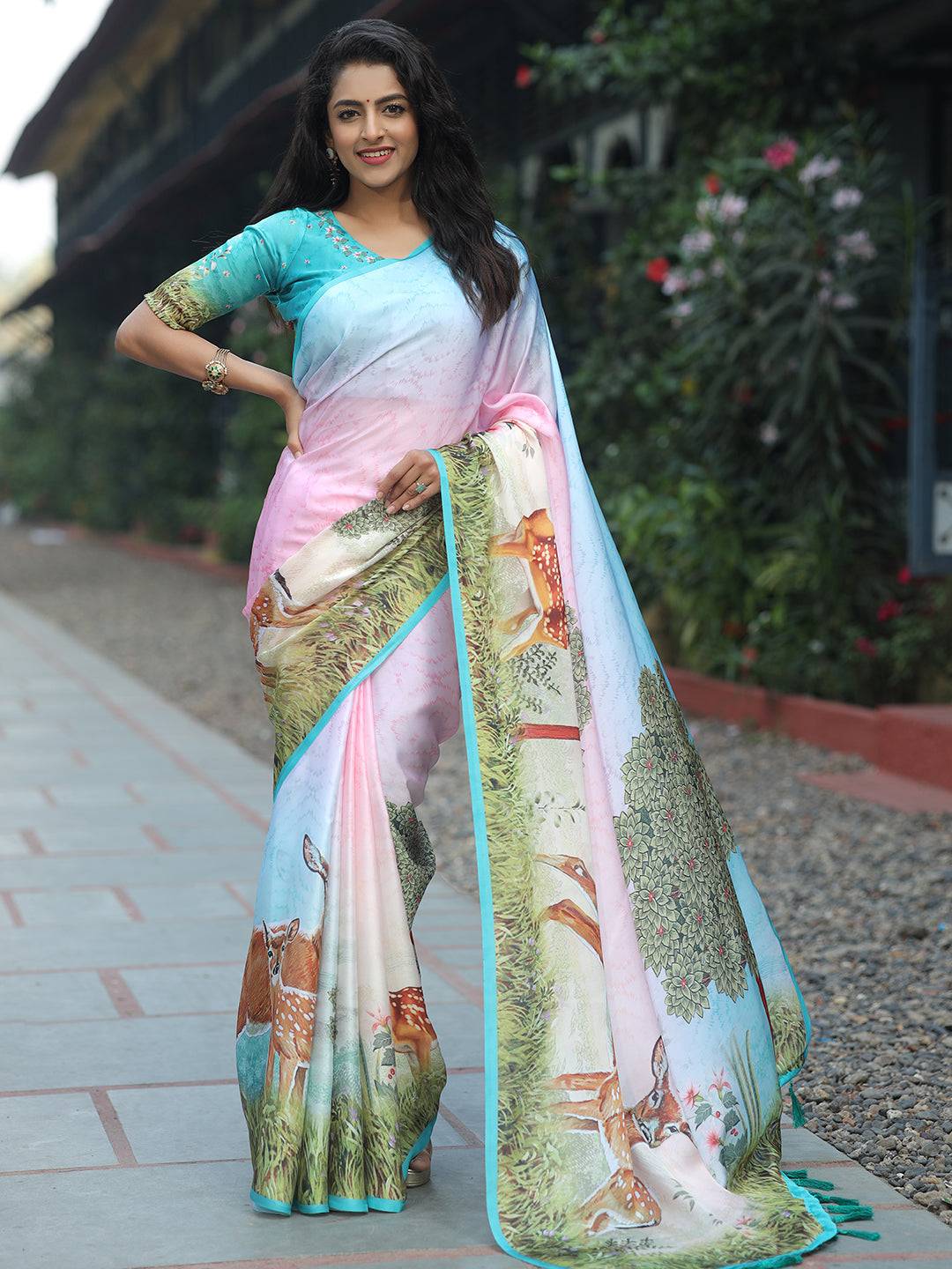Satin Georgette Multi Colour Hand Print Saree - Luxe by My Store