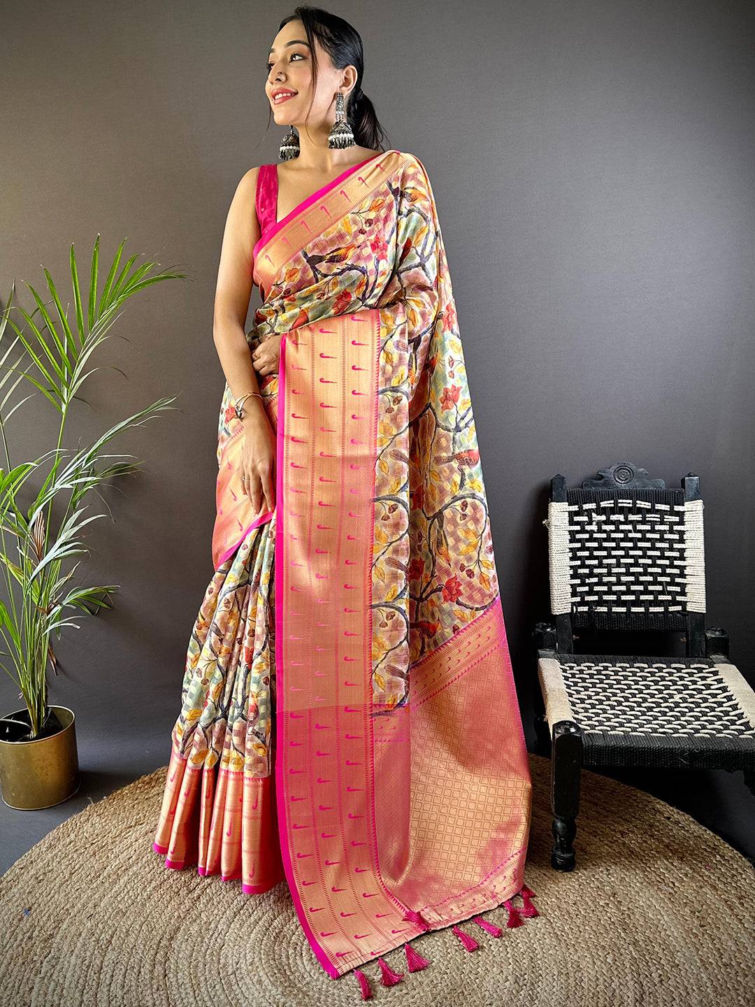Cream Kalamkari Paithani Kora Silk Saree by My Store