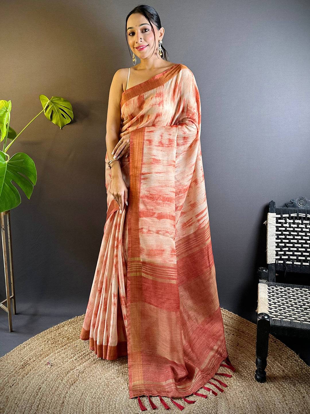 Rust Shibori Print Linen Saree by My Store