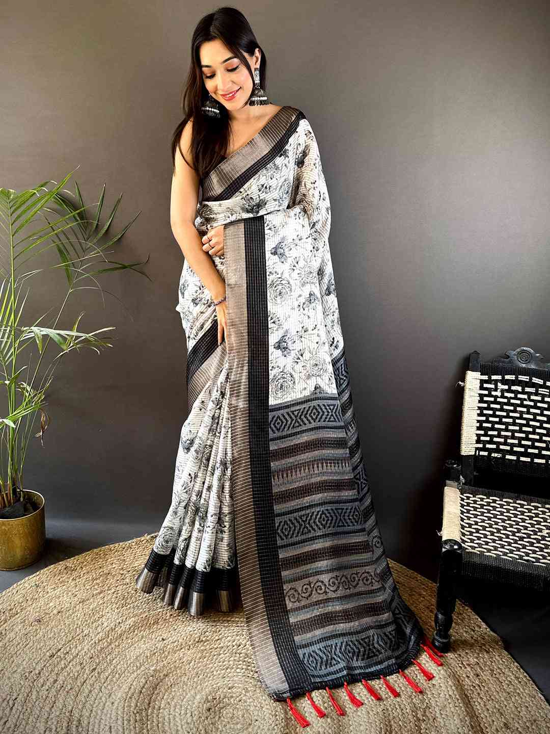 Elegant Black Check Floral Tissue Chanderi Saree by My Store