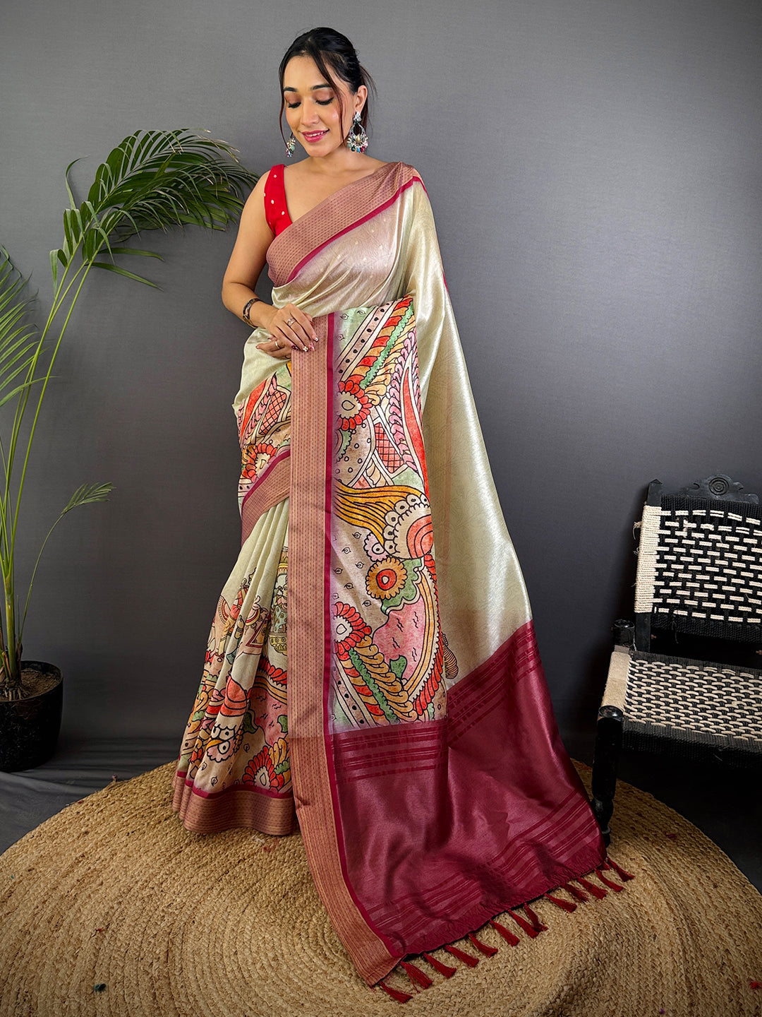 Pista Tussar Silk Kalamkari Print Saree by My Store