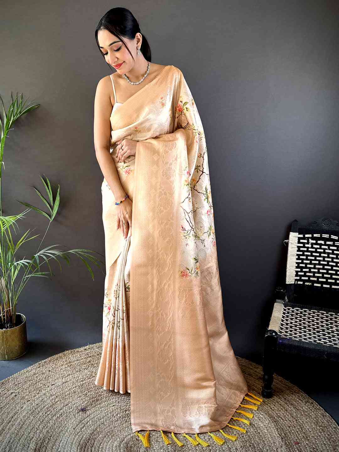 Light Peach Kanjivaram Digital Silk Saree by My Store