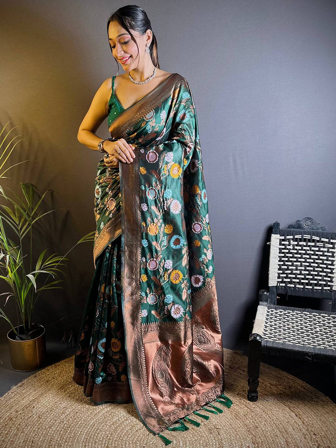 Deep Green Banarasi Silk Zari Butta Saree by My Store