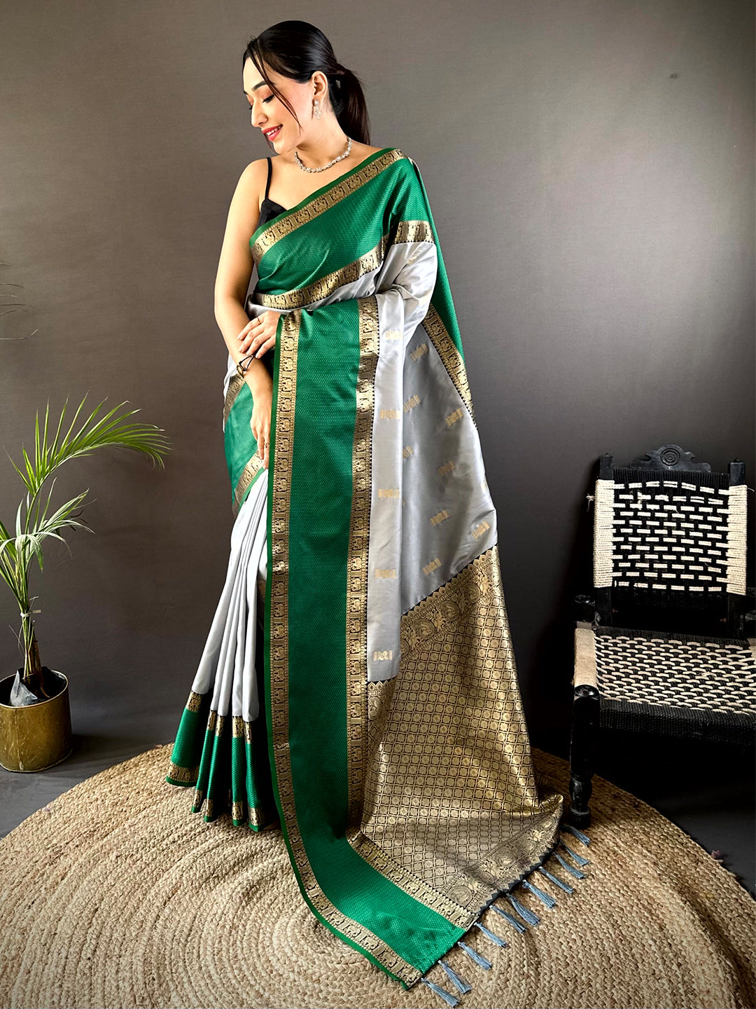 Serene Grey Gadhwal Soft Silk Saree by My Store