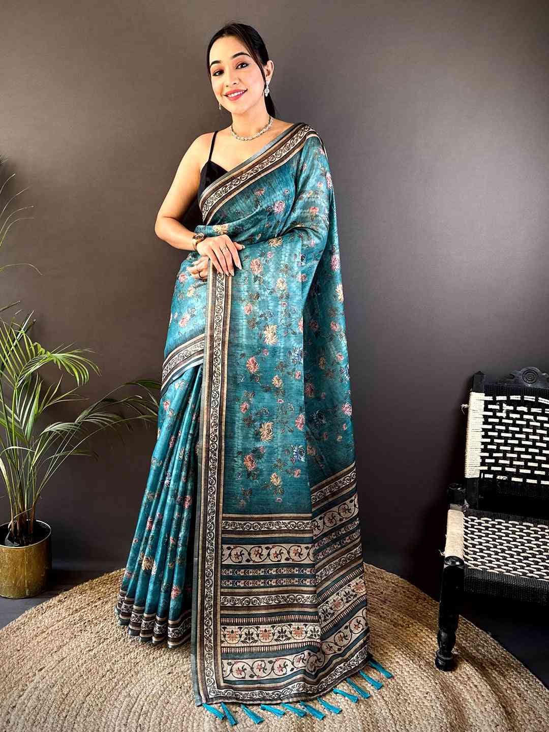 Teal Gold Zari Chanderi Phulkari Saree by My Store