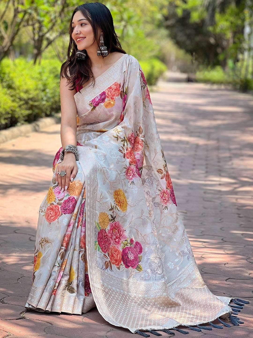 Grey Lakhnavi Bandla Zari Weaving Saree by My Store