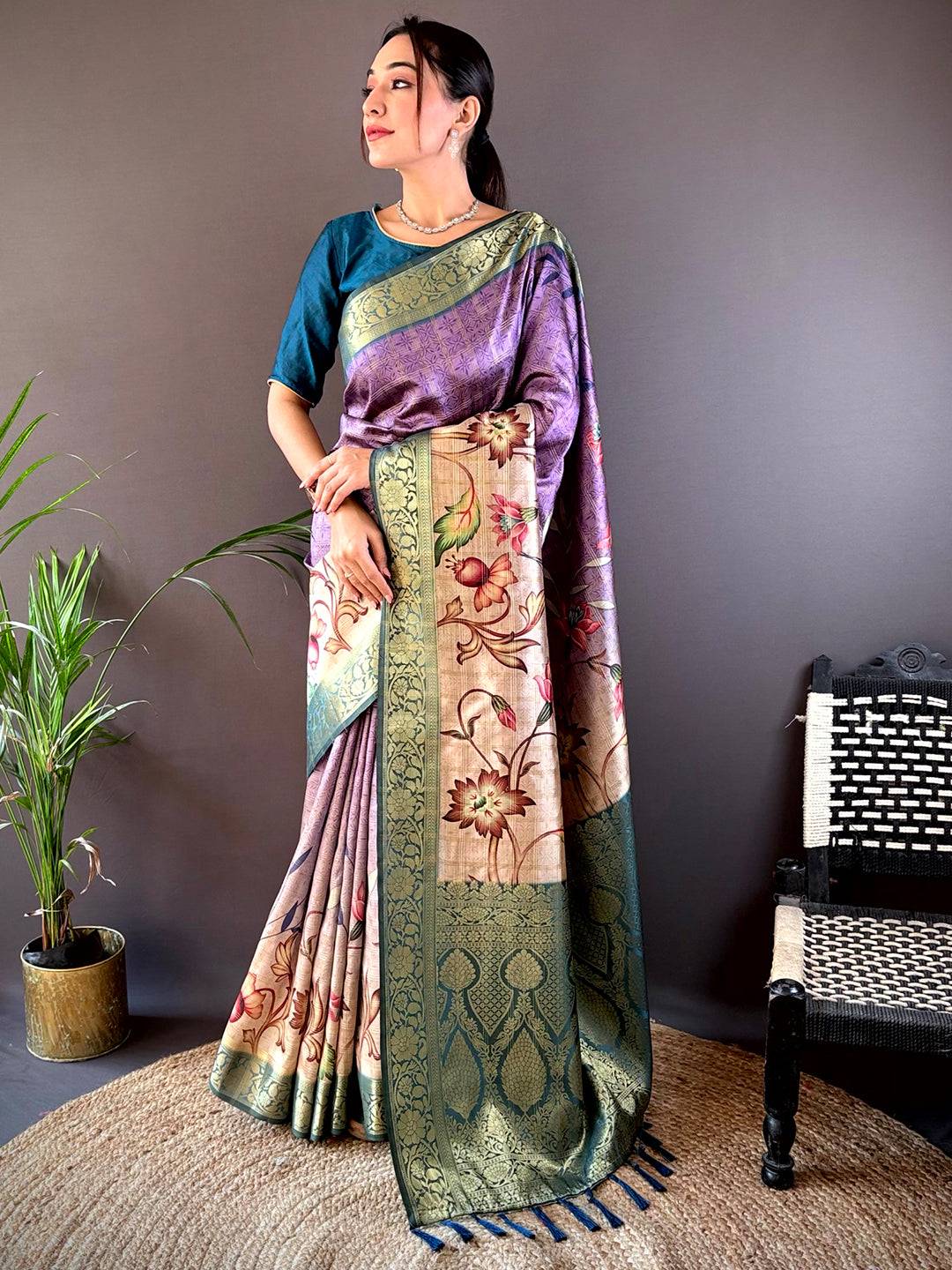 Purple Ombre Floral Digital Print Saree by My Store