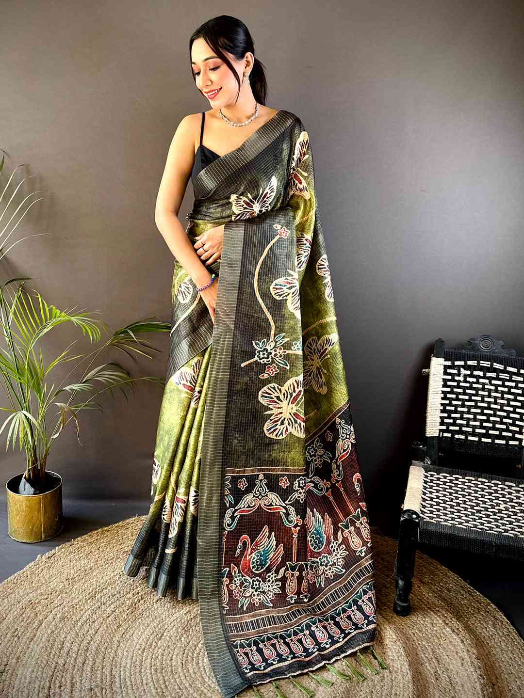 Olive Tissue Chanderi Digital Check Saree by My Store