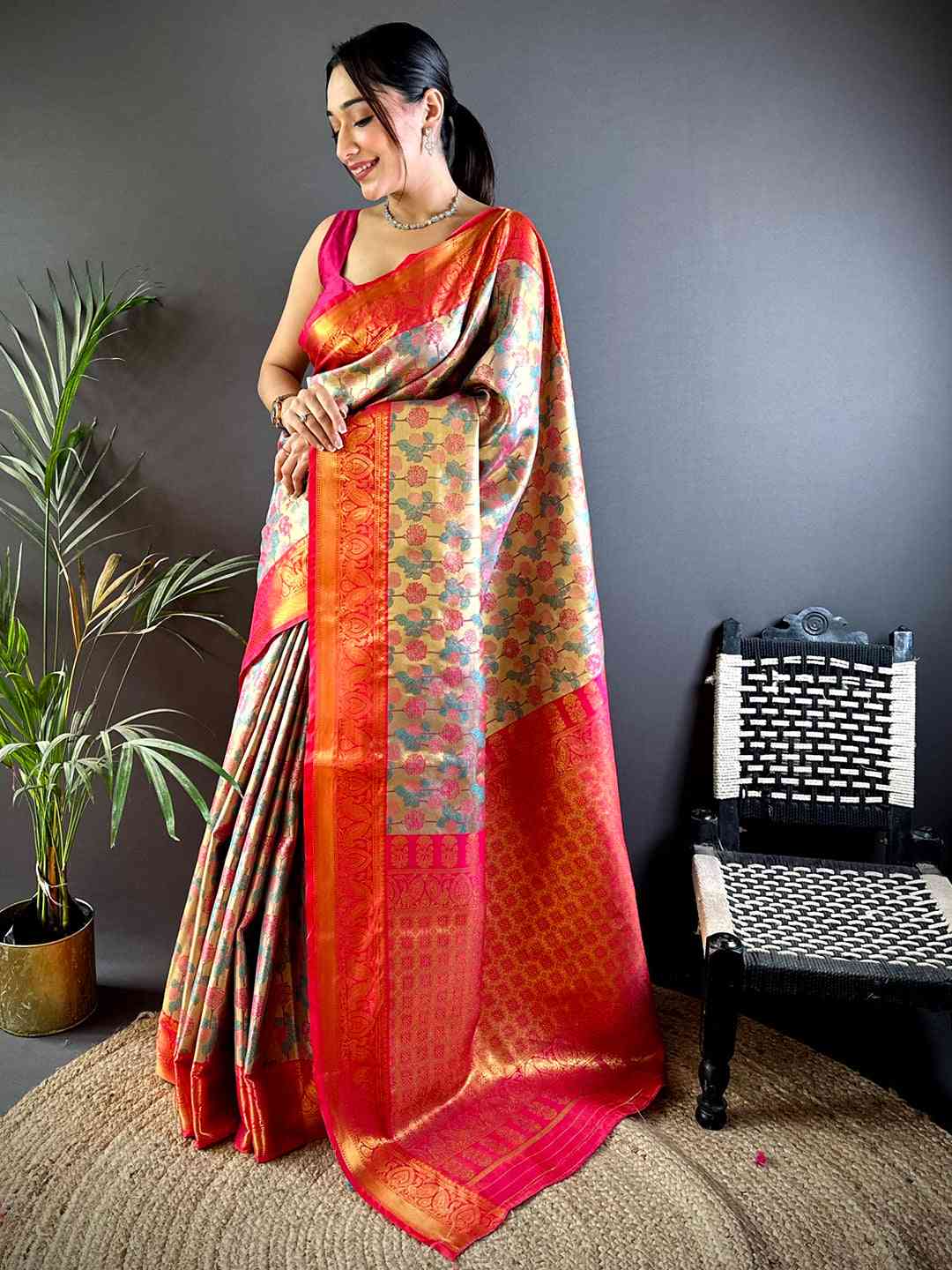 Royal Rani Pink Floral Dharmavaram Silk Saree by My Store