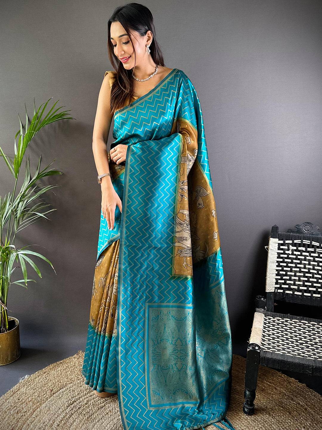 Rama Heritage Weave Kalamkari Soft Silk Saree by My Store