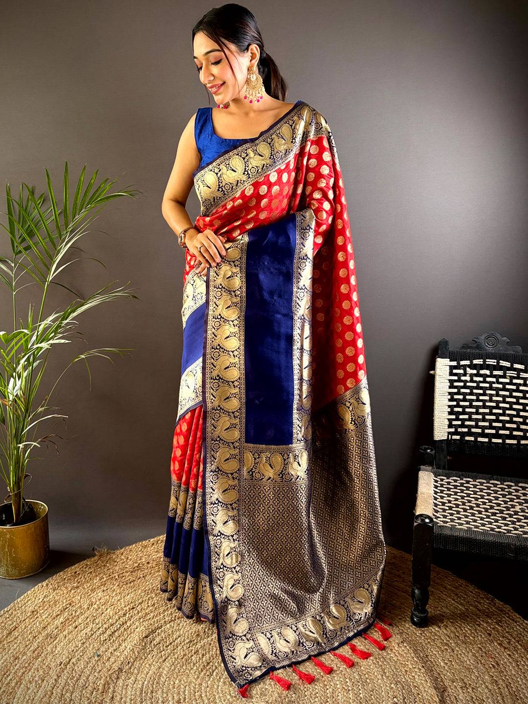 Red Banarasi Silk Saree With Pattu Zari Border by My Store