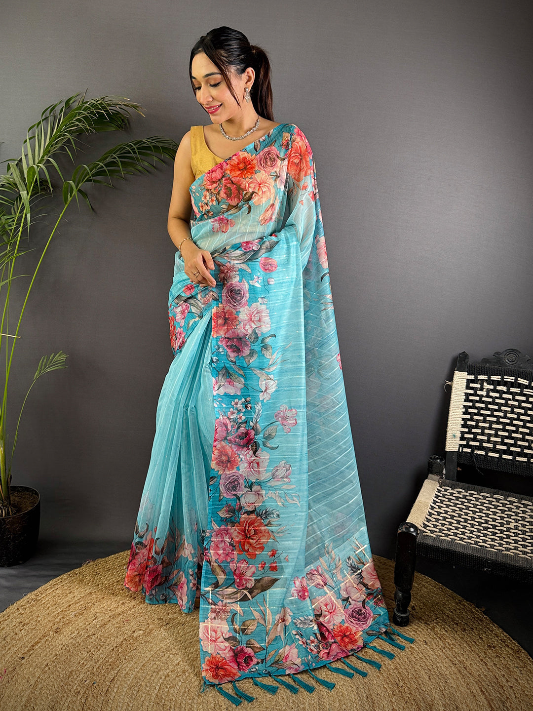 Sky Blue Soft Organza Digital Floral Saree by My Store