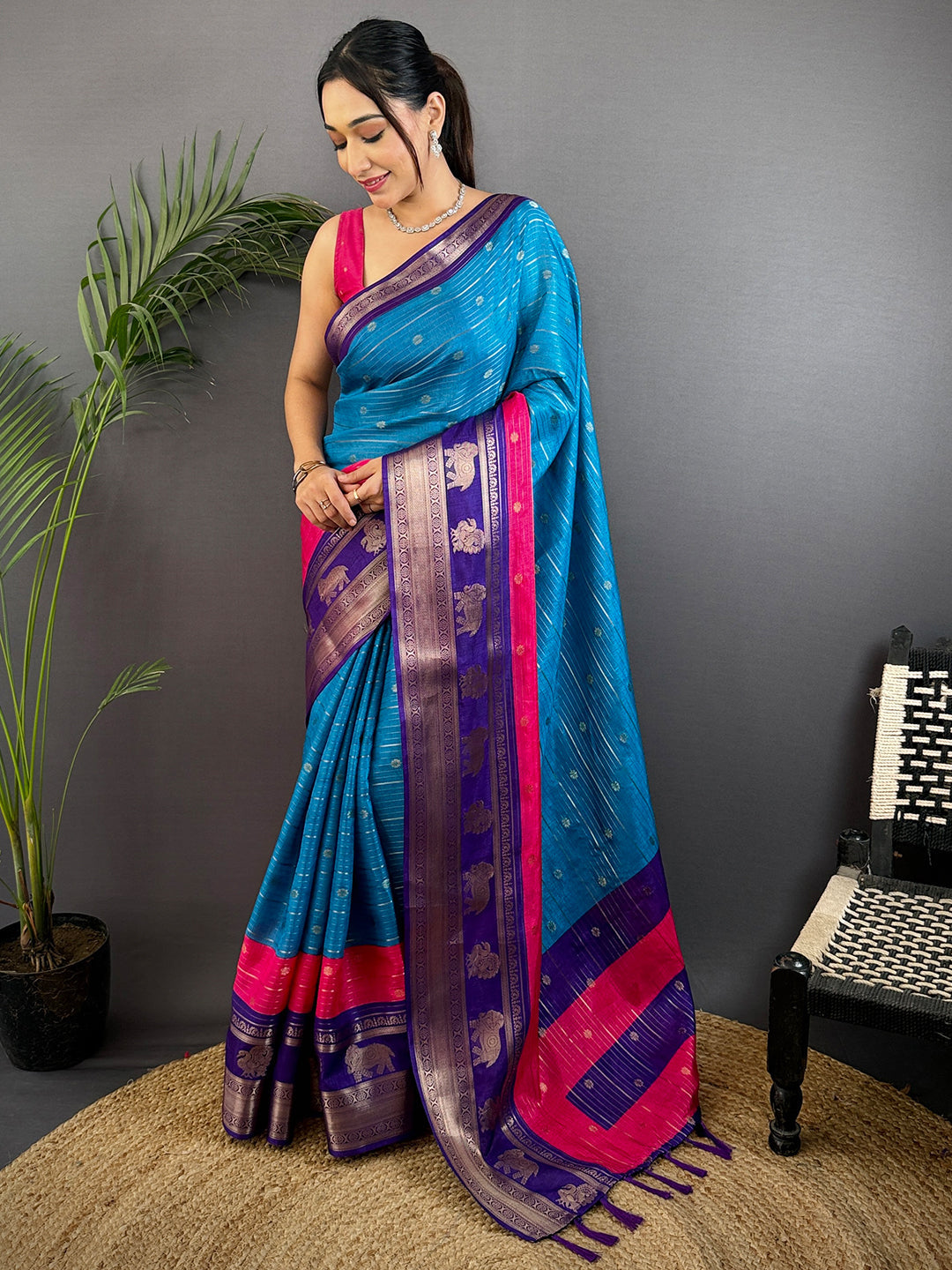 Sky Blue Soft Dola Silk Striped Print Saree by My Store