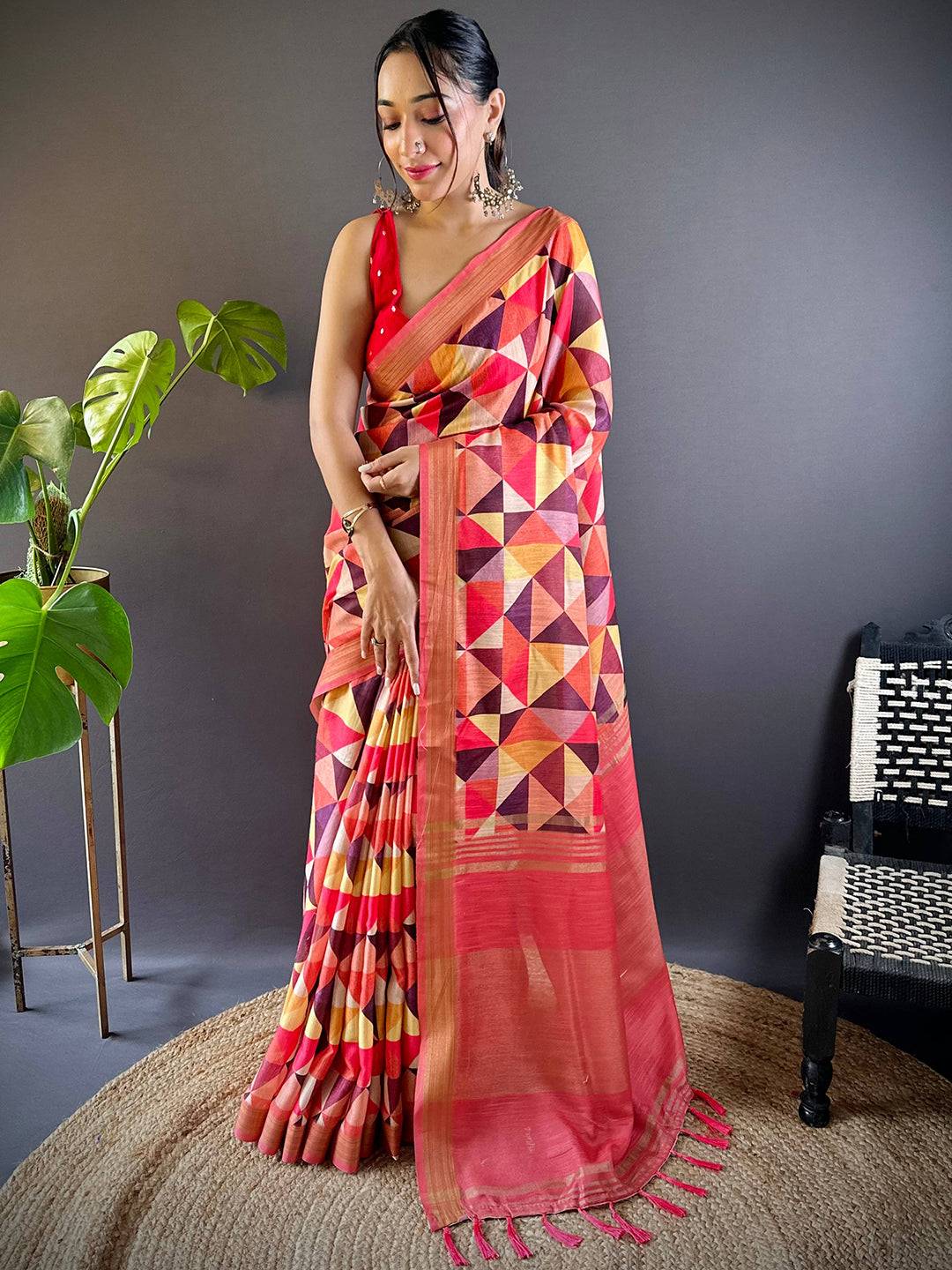 Geometric Linen Saree by My Store
