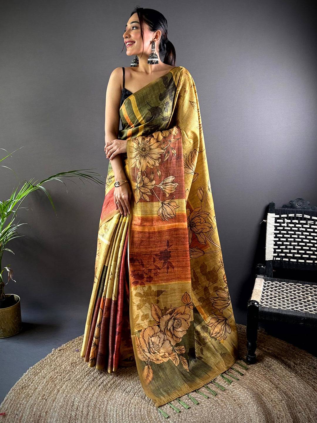 Mehndi Green Semi Gold Zari Tussar Saree by My Store